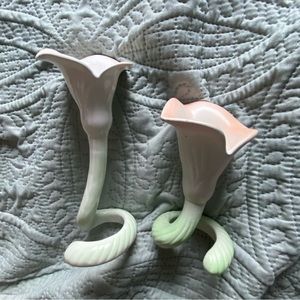 Vtg Fitz & Floyd Japan Ceramic Pink Green Cala Lilly Candlestick Holder Set of 2
